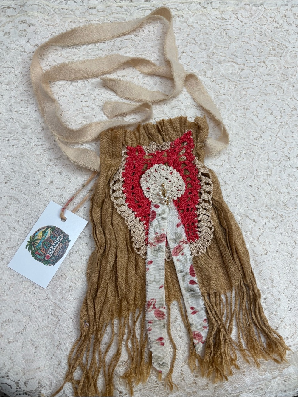 Artisan Brown and Red Boho Fringe Jabot with Cream Crochet Accent